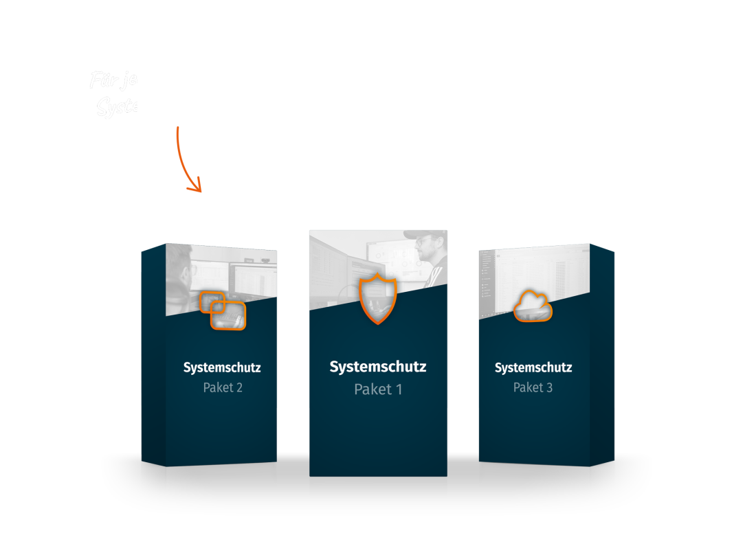 "Für jeden das richtige Systemschutz-Paket" steht neben drei abgebildeten Systemschutz-Produktverpackungen