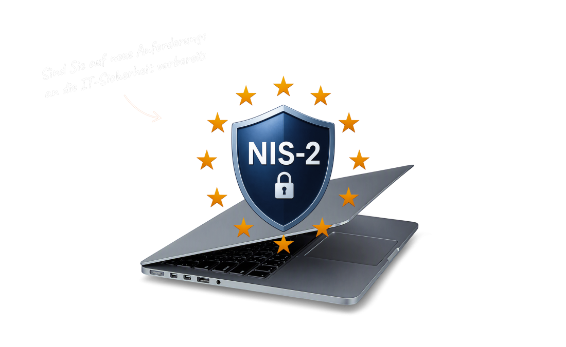 Laptop mit NIS-2 Schutzschild als Symbol für IT-Sicherheit und Unternehmensschutz